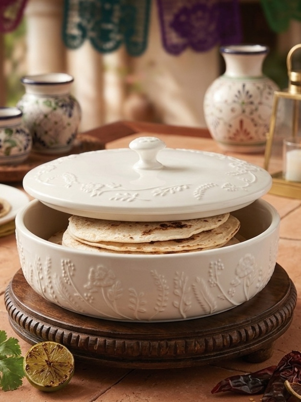Princess House Cream Embossed Ceramic Tortilla Server